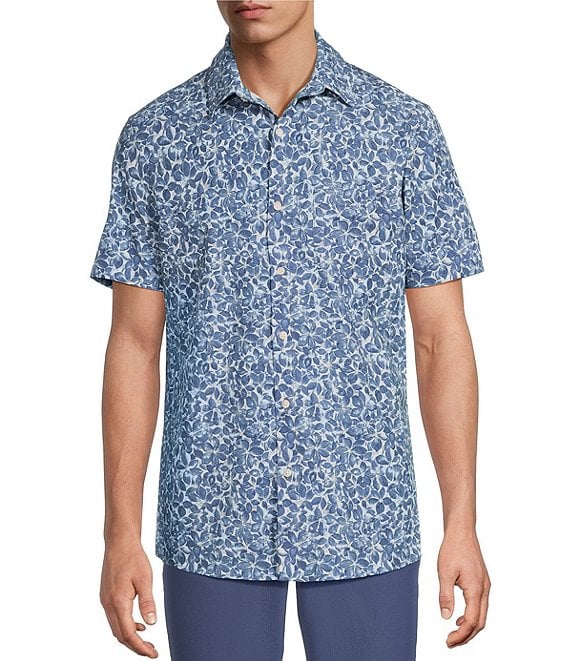 Rowm Rec + Relax Short Sleeve Performance Medium Floral Print Shirt, Blue - Image 1