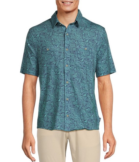 Rowm Rec & Relax Short Sleeve Wave Print Coat Front Shirt | Dillard's