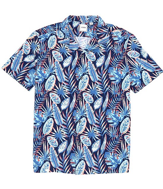 Rowm Short Sleeve Camp Collar Neon Palm Leaf Print Button Front Shirt ...