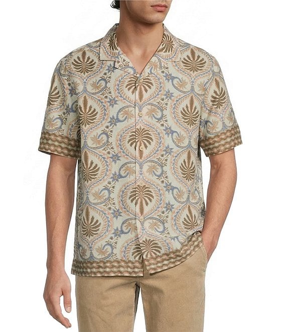 Rowm Short Sleeve Hemp Palm Print Button Front Shirt