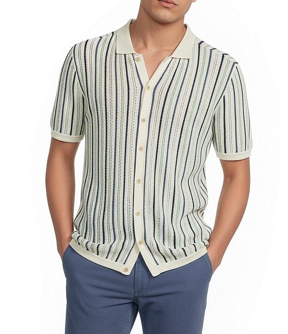 Rowm Short Sleeve Textured Stripe Sweater Button Front Shirt