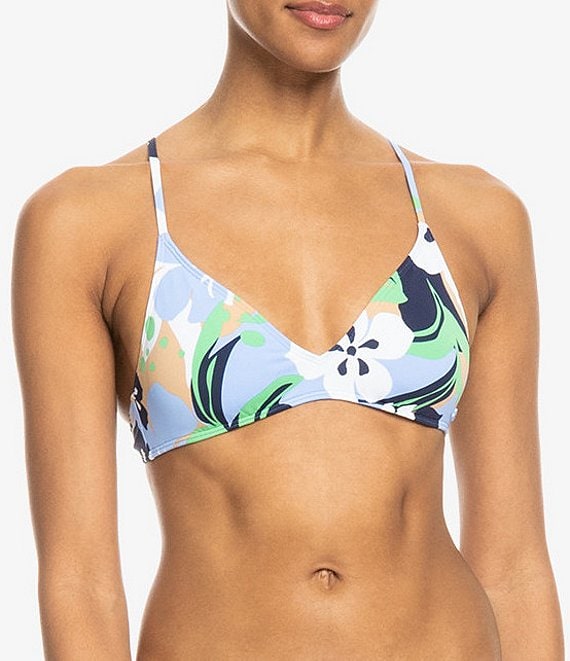 Roxy Beach Classics Ribbed Floral Print Strappy Triangle Swim Top & Ruched  Back Hipster Swim Bottom