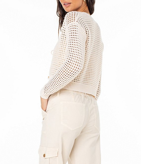 Roxy Ivy Long Sleeve Tie-Closure Flyaway-Front Crocheted Cropped