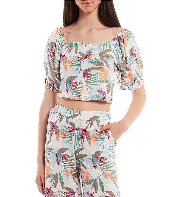 Color:Bright White Floral - Image 1 - Pure Sugar Tropical Coordinating Floral Print Cropped Top