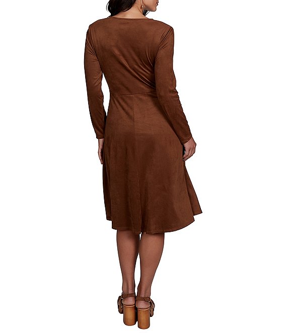 Ruby Rd. Ballet Faux Suede Keyhole Neckline Long Sleeve Gathered Twist Midi Dress