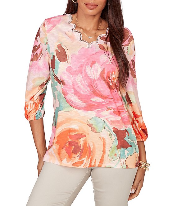 Ruby Rd. Bold Floral Scalloped V-Neck 3/4 Sleeve Oversized Knit Top