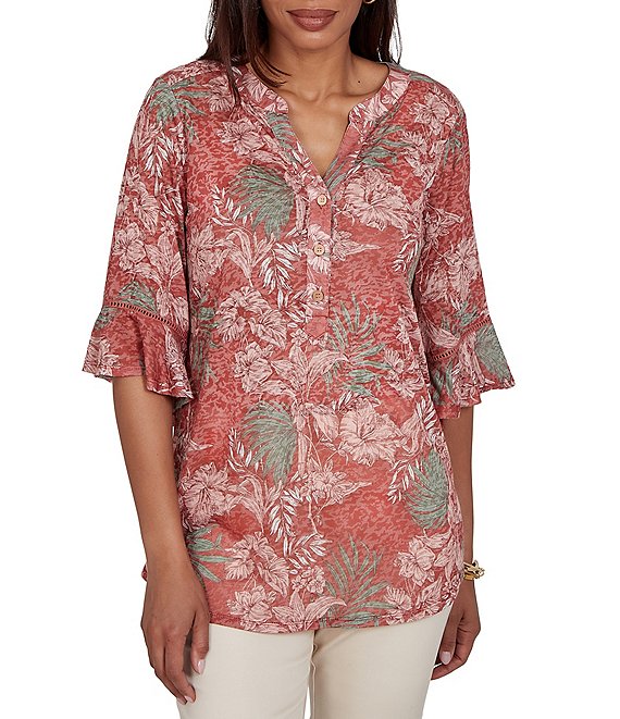 Ruby Rd. Burnout Jersey Tropical Floral Henley Collar Elbow Length Flutter Sleeve Top