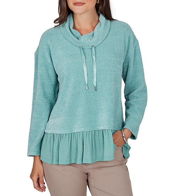 Ruby Rd. Chenille Knit Mixed Media Cowl Neck Long Sleeve Ruffle Hem Combo Top