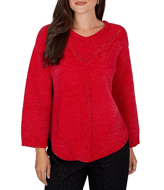 Ruby Rd. Chenille Shimmer Knit V-Neck Long Sleeve Sweater