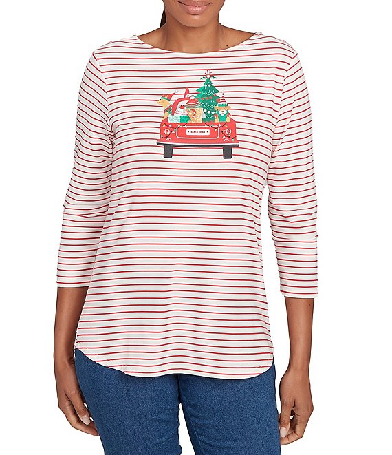 Ruby Rd. Cotton Blend Boat Neck 3/4 Sleeve Stripe Christmas Truck Top, Lipstick Multi - Image 1