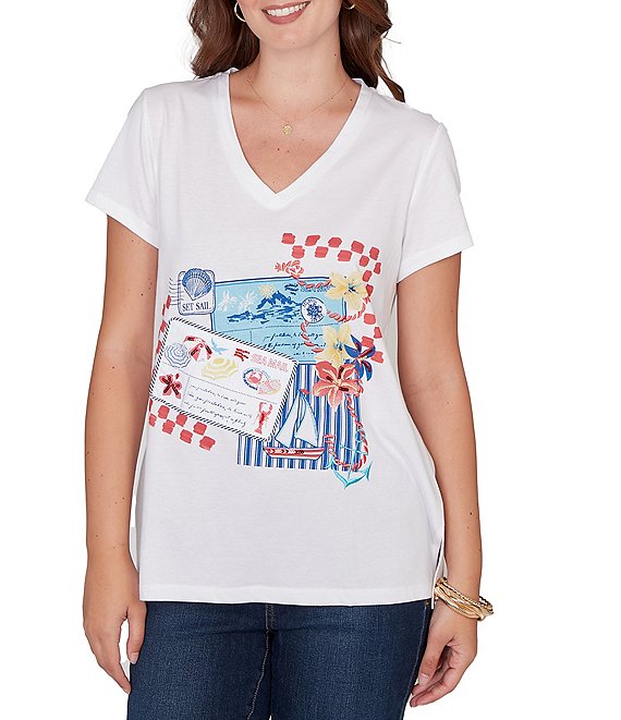 Ruby Rd. Cotton Jersey Knit Sequin Beaded Postcard Print V-Neck Short Sleeve Tee