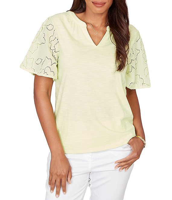 Ruby Rd. Cotton Jersey Knit Split V-Neck Short Eyelet Sleeve Top