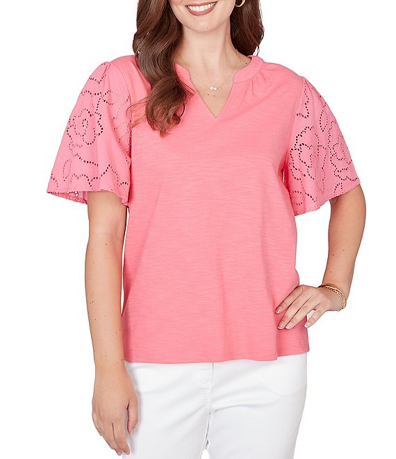 Ruby Rd. Cotton Jersey Knit Split V-Neck Short Eyelet Sleeve Top