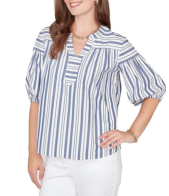 Ruby Rd. Cotton Poplin Spliced Stripe Split V-Neck Elbow Sleeve Top