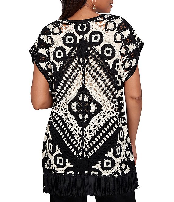 Ruby Rd. Crochet Intricate Medallion Open Front Cap Sleeve Fringe