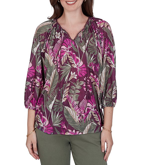 Ruby Rd. Desertwillow Slub Knit Split V-Neck 3/4 Cuffed Sleeve Tassel Tie Top
