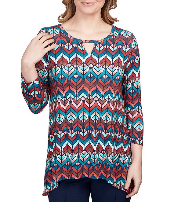 Ruby Rd. Diamond Geometric Print Keyhole Neck 3/4 Sleeve Sharkbite Hem ...