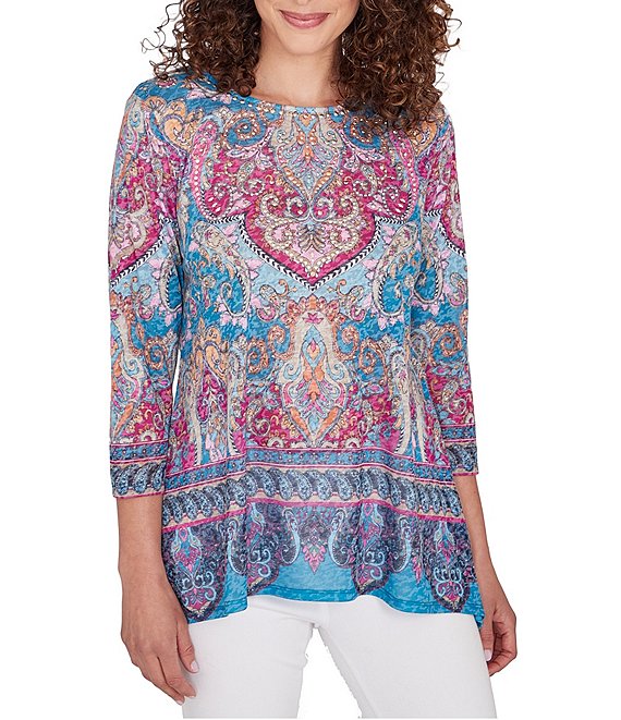 Ruby Rd. Embellished Boat Neck 3/4 Sleeve Sharkbite Hem Tunic | Dillard's