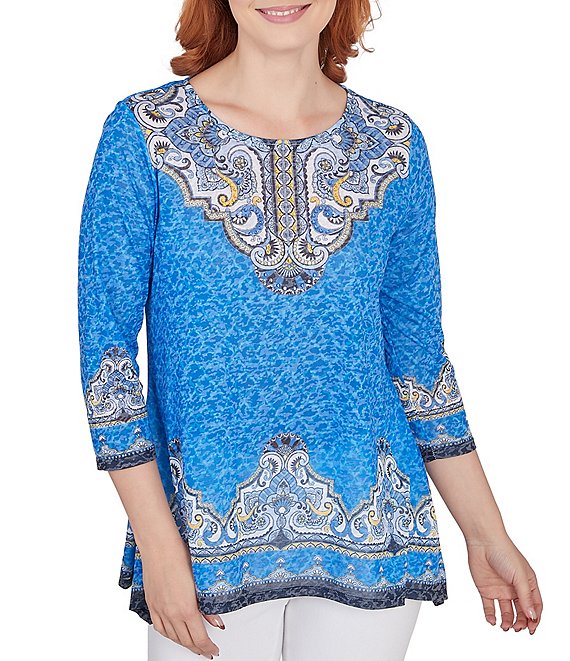 Ruby Rd. Embellished Detail Marrakech Border Print Scoop Neck 3/4 ...