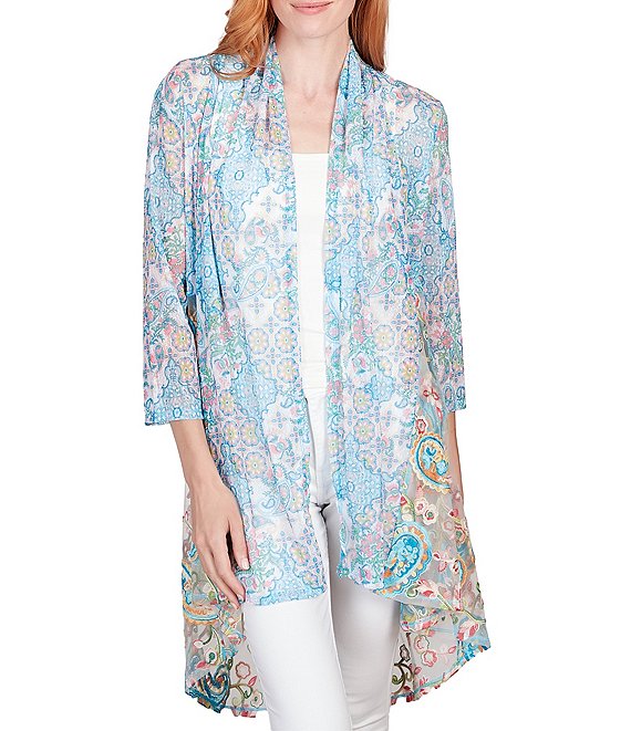 Ruby Rd. Embroidered Paisley Print Combo Shawl Collar 3/4 Sleeve Open ...