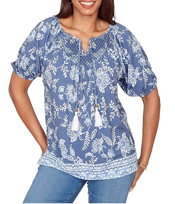 Ruby Rd. Floral Border Print Split V-Neck Short Sleeve Tassel Tie Top