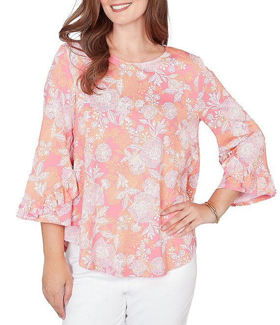 Ruby Rd. Floral Scoop Neck 3/4 Ruffle Trim Sleeve Top