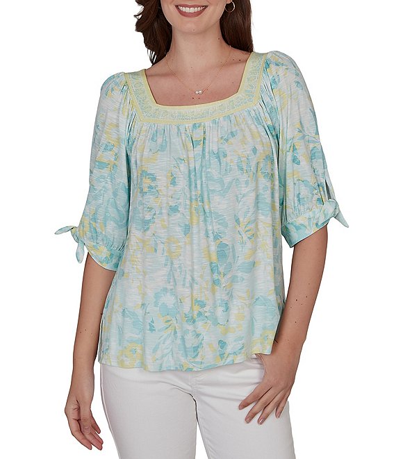 Ruby Rd. Floral Square Neck Elbow Tie Sleeve Pleated Top
