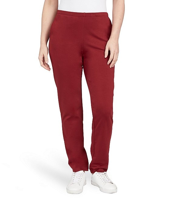 Color:Wine - Image 1 - French Terry Knit Elastic Waist Straight Leg Pants