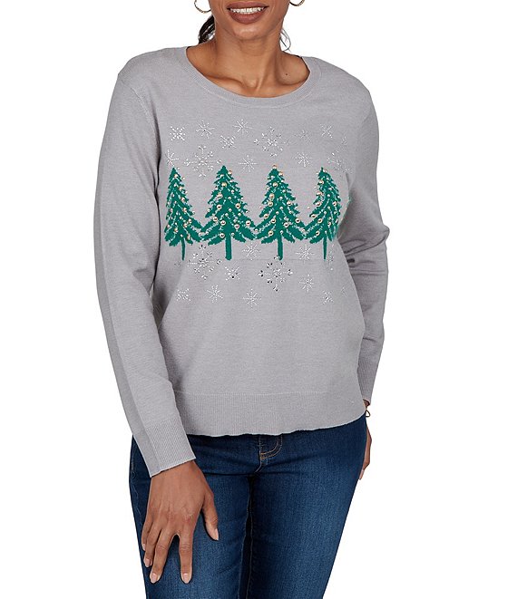 Ruby Rd. Jacquard Knit Christmas Tree Crew Neck Long Sleeve Top