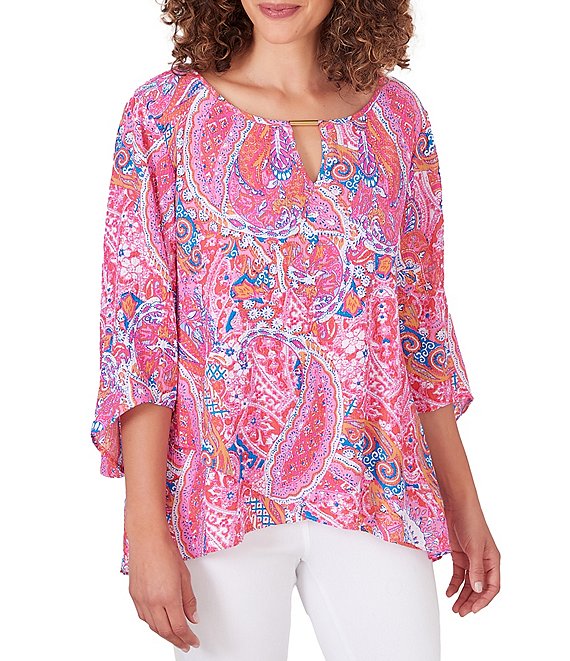 Ruby Rd. Keyhole Bar Neck 3/4 Sleeve Bright Blooms Print Top | Dillard's