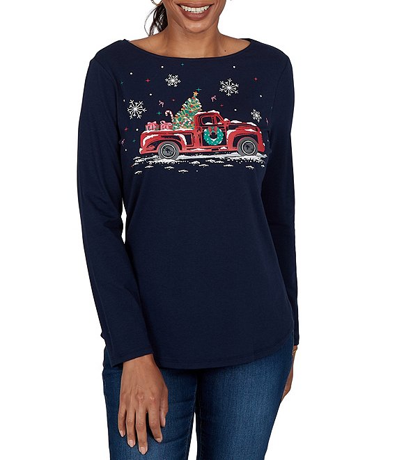 Ruby Rd. Knit Christmas Classic Truck Boat Neck Long Sleeve Top