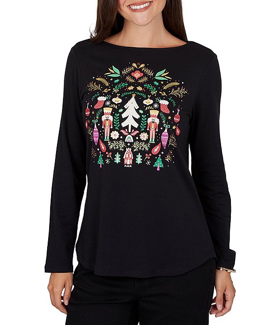 Ruby Rd. Knit Festive Nutcracker Boat Neck Long Sleeve Top