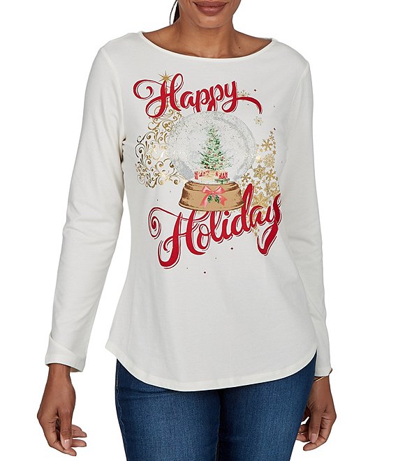 Ruby Rd. Knit Happy Holiday Snow Globe Boat Neck Long Sleeve Top