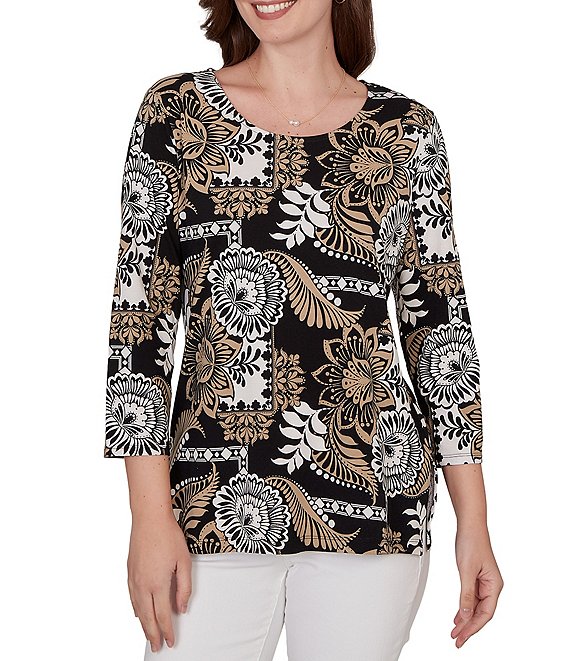 Ruby Rd. Knit Tropical Patchwork Print Scoop Neck 3/4 Sleeve Top