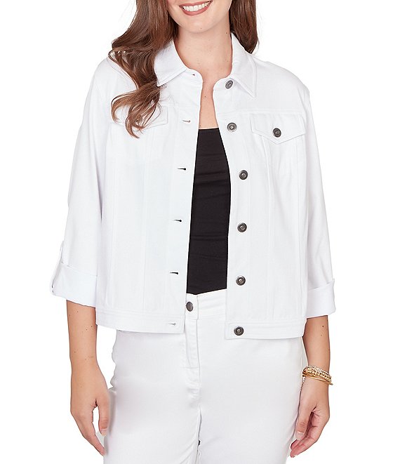 Ruby Rd. Knit Twill Point Collar Long Roll-Tab Sleeve Button-Front Jacket, White - Image 1