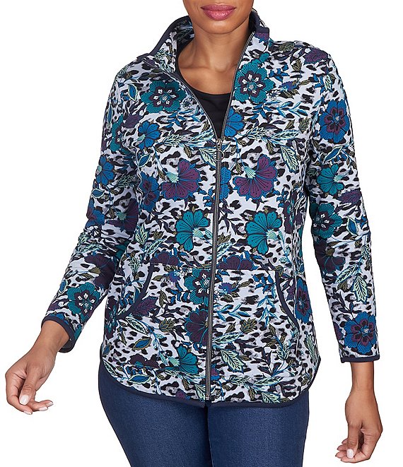 Color:Slate Grey Multi - Image 1 - Mixed Animal Floral Print Piped Trim Zip-Up Jacket