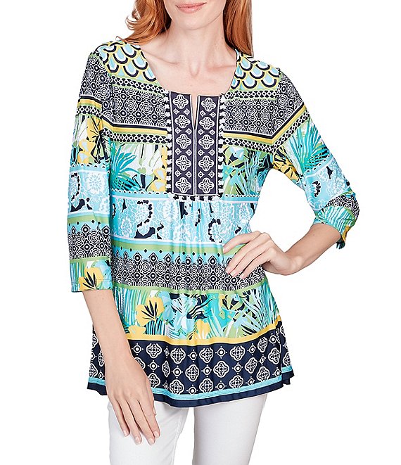 Ruby Rd. Mixed Border Print Knit Split Square Neck 3/4 Sleeve Top ...