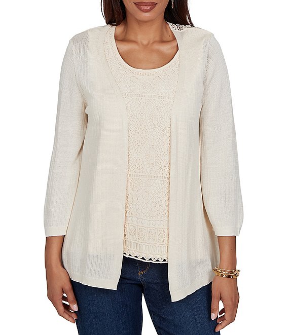 Ruby Rd. Mixed Knit 3/4 Sleeve Crochet Lace Open-Front Coordinating Cardigan