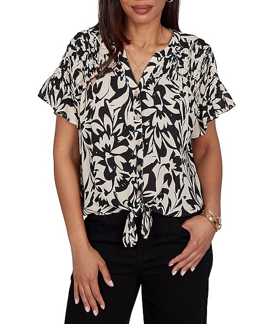Ruby Rd. Mixed-Media Monochrome Floral V-Neck Short Ruffle Sleeve Button Tie Front Shirt