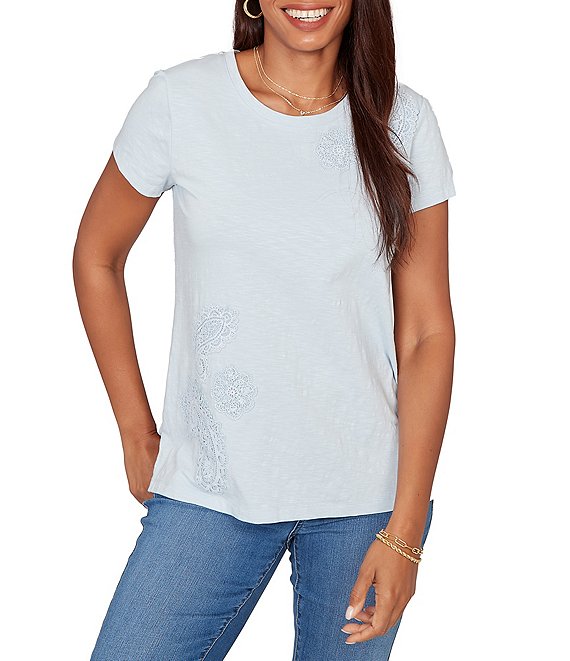 Ruby Rd. Paisley Lace Accents Scoop Neck Short Sleeve Tee Top