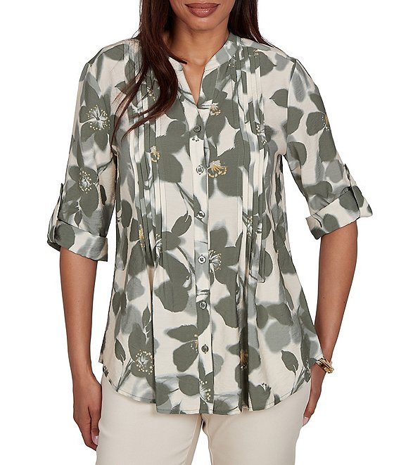 Ruby Rd. Petite Multi Silky Voile Shadow Floral Split V-Neck 3/4 Sleeve Pleated Button Front Shirt