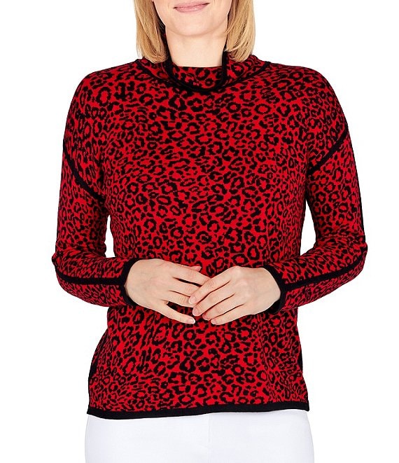 Color:Lipstick Multi - Image 1 - Petite Size Animal Print Mock Neck Long Sleeve Sweater