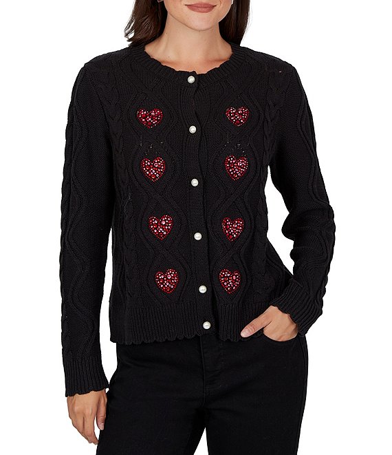 Ruby Rd. Petite Size Cable Knit Crystal Heart Scalloped Scoop Neck Long Crew Button Front Cardigan