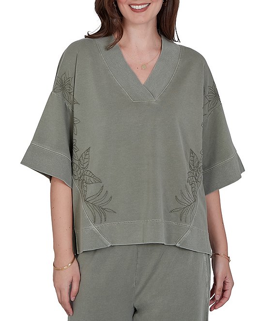 Ruby Rd. Petite Size Coordinating Snow-Washed French Terry Floral Embroidered V-Neck Short Sleeve Top