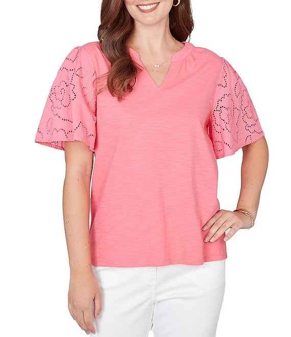 Ruby Rd. Petite Size Cotton Jersey Knit Split V-Neck Short Eyelet Sleeve Top