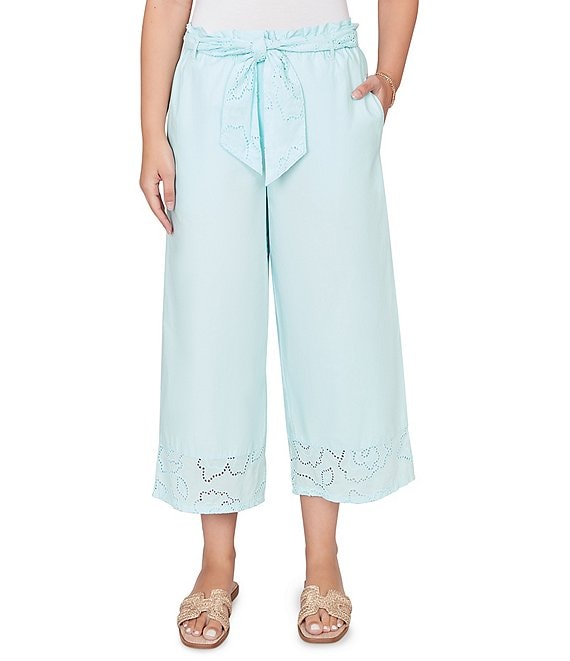 Ruby Rd. Petite Size Cotton Poplin Floral Eyelet Pull-On Coordinating Belted Pants