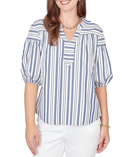Ruby Rd. Petite Size Cotton Poplin Spliced Stripe Split V-Neck Elbow Sleeve Top