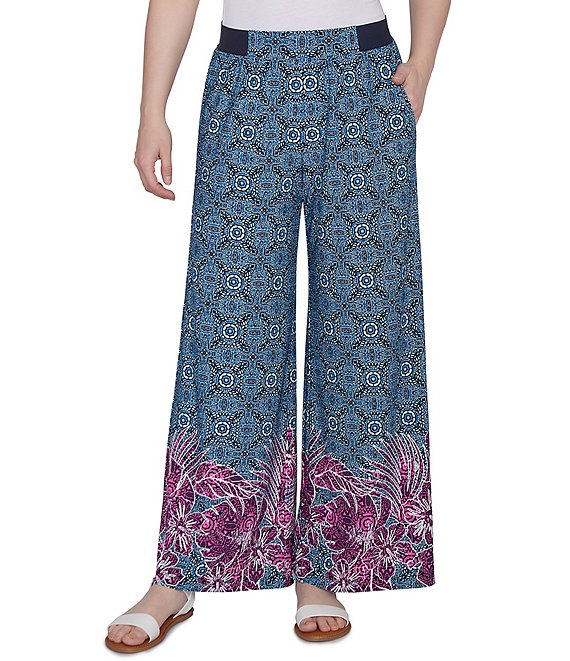 Ruby Rd. Petite Size Crepe Knit Floral Border Print Wide Leg Pull On Pants PXL