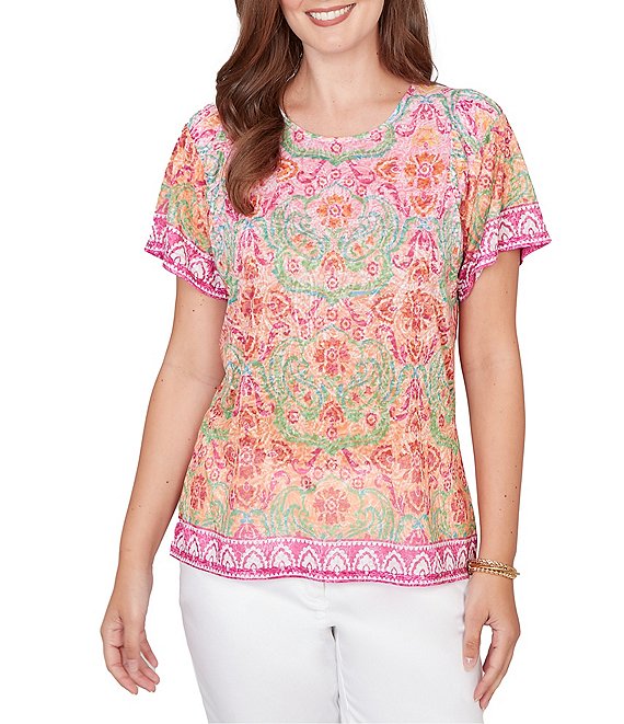 Ruby Rd. Petite Size Damask Floral Scoop Neck Short Sleeve Knit Tee Top