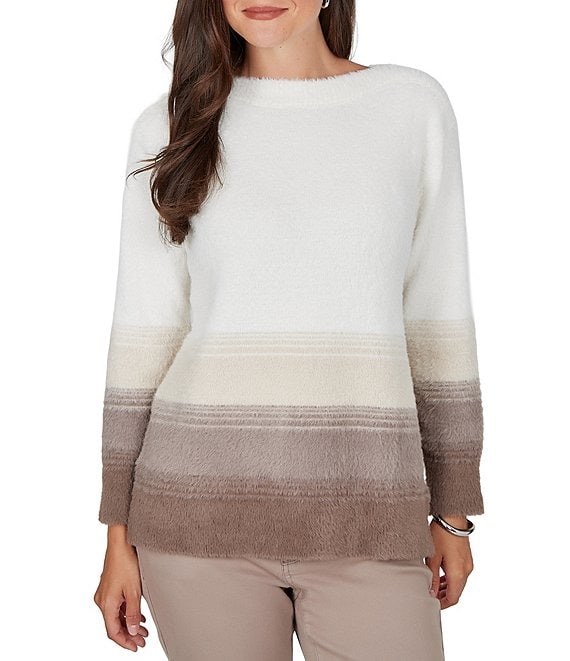 Ruby Rd. Petite Size Eyelash Knit Ombre Ballet Neck Long Sleeve Sweater